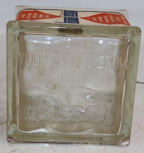 Embossed Esso 1939 NY Worlds Fair Glass Coin Bank with Paper Label (1 of 4)