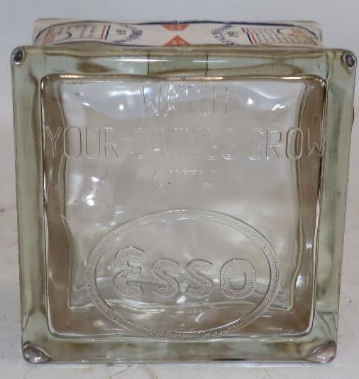 Embossed Esso 1939 NY Worlds Fair Glass Coin Bank with Paper Label (1 of 4)