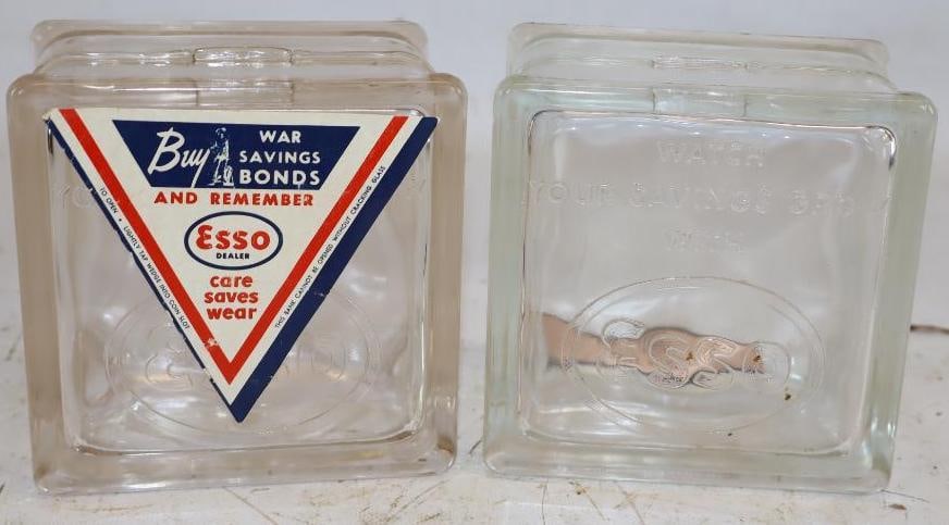 Group of 2 Embossed Glass Esso Watch Your Savings Grow Coin Banks with War Bond Advertisement: 4.75" x 4.75" x 3" each