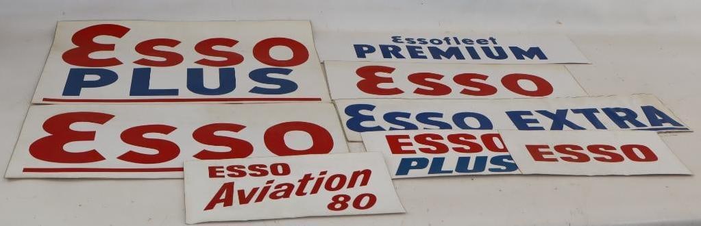 Group of 8 Esso Gas Pump Advertising Decals: largest 20" x 14"