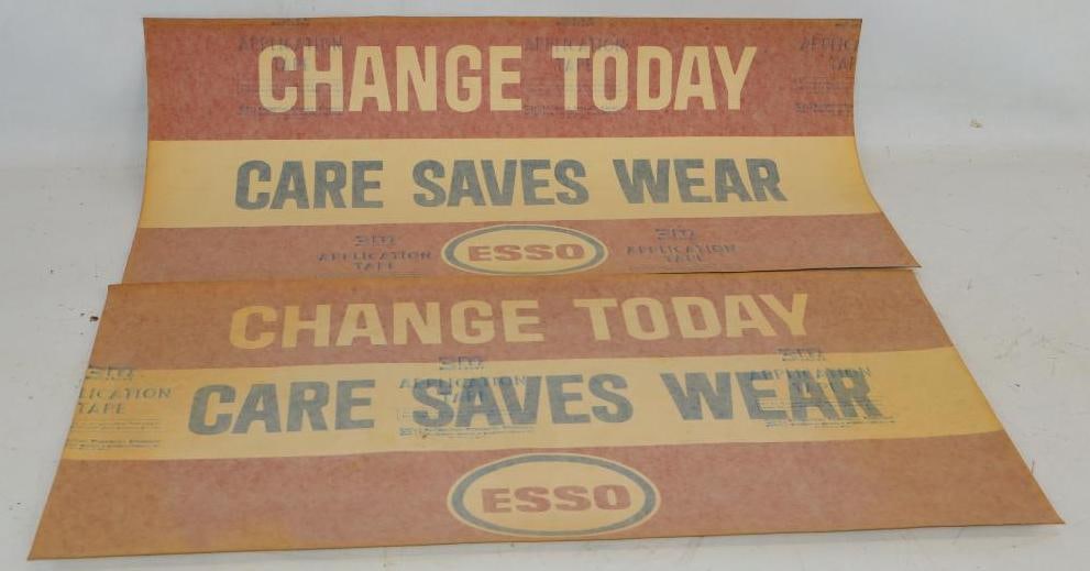 Group of 2 Esso Change Today Care Saves Wear Gas Station Advertising Decals: 26" x 13.5" each