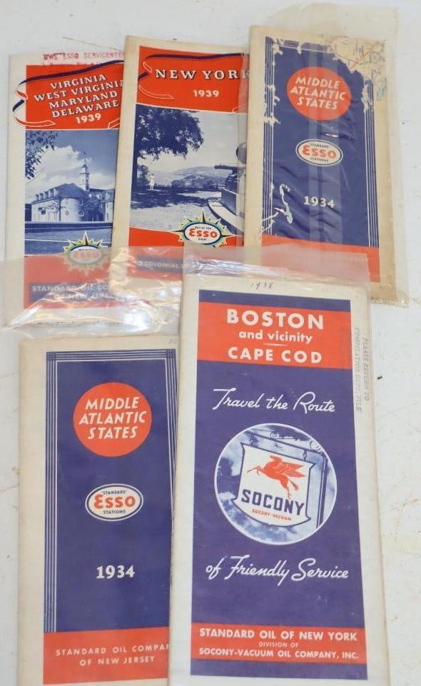 Group of 5 1930s Esso and Socony Gas Station Road Maps: Largest is 9x4