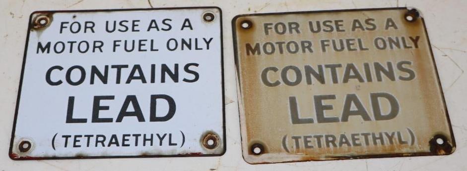 Pair of Porcelain Contains Lead Tetra-Ethyl Gas Pump Signs: 7" x 6" each