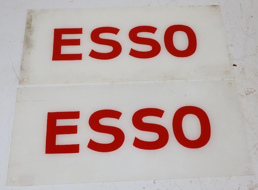 Group of 2 Esso Plastic Gas Pump Ad Glass Panels: 13" x 6" each