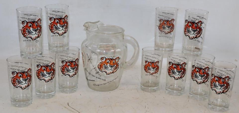 Group of 12 Esso 'Put a Tiger in Your Tank' Advertising Glasses & Pitcher: Largest is 5.5" x 7" x 8.5"