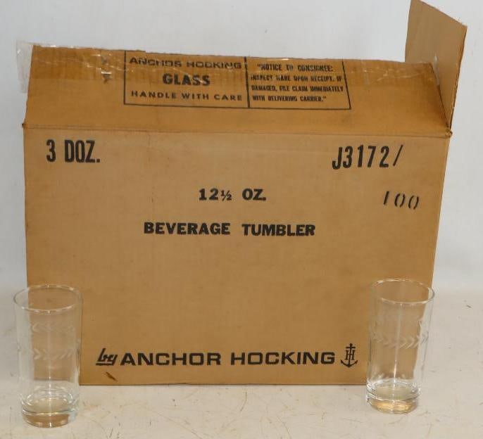 Group of 36 Humble Oil Etched 12.5 oz Drinking Glasses in Original Box: Box measures 9.5" x 18" x 12"