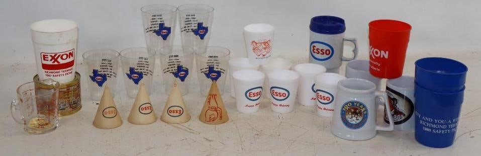 Group of 26 Esso and Exxon Coffee Mugs Drinking Glass and Plastic Cups: Largest is 4x4x5
