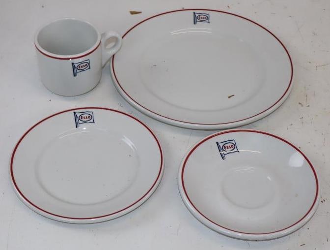 Group of 4 Esso Plate, Saucers, & Cup From the Duraline Grineley Hotel Ware Company England: Largest is 9" x 9"
