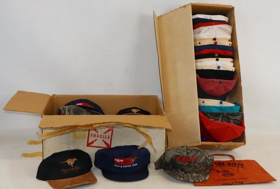 Group of 62 Esso Hats & 'Put a Tiger in Your Tank' Bag: Largest is 13" x 14"