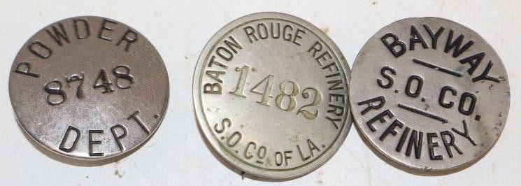 Group of 3 Standard Oil Company Engraved Metal Employee Badges: 1.5" x 1.5" each