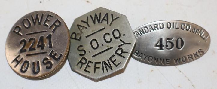 Group of 3 Standard Oil Company Engraved Metal Employee Badges: 1.5" x 1.5" each