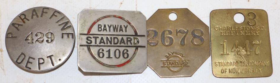 Group of 3 Standard Oil Engraved Pinback Badges & Brass Tags: 1.5" x 1.5" each