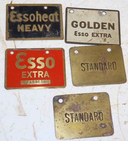Group of 5 Esso & Standard Brass Fuel Tags: 2" x 2.75" each