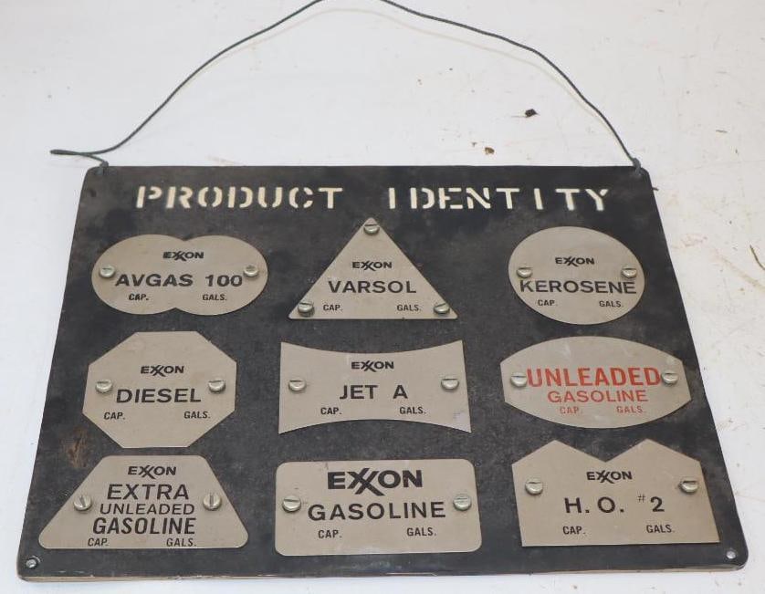 Group of 9 Exxon Product Identification Tags Mounted on Homemade Sign: 14.5x12