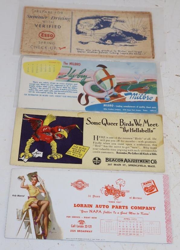 Group of 4 Lorain Auto Parts, Beacon Adjustment, Millbro & Esso Advertising Ink Blotters: Largest is 4" x 8.75"