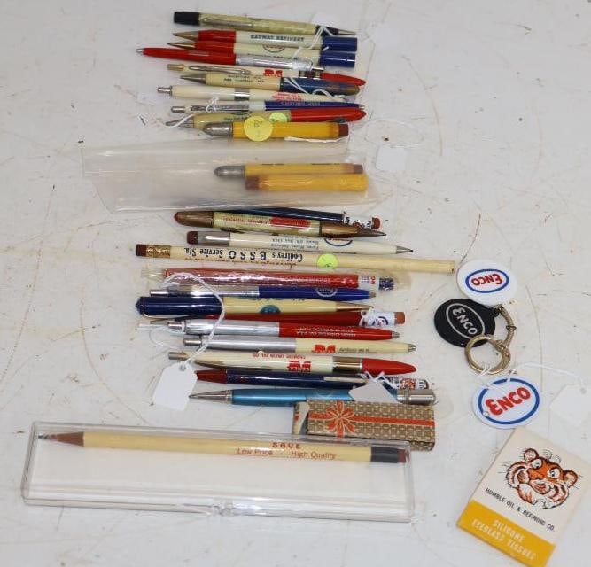 Group of 31 Esso, Johnson Chevrolet, and Humble Advertising Pens, Pencils, Keychains, and Other: largest 7"