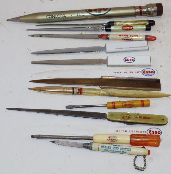 Group of 14 Esso Advertising Pens, Pencils, Letter Openers, & Screwdriver: Largest is 10.5" x .75"
