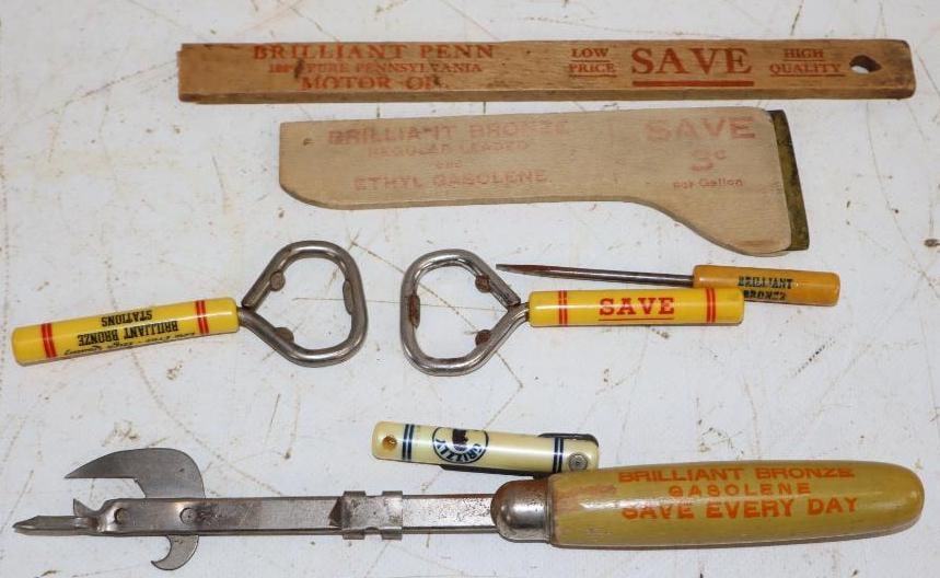 Group of 7 Brilliant Bronze Gasoline / Johnson Oil Advertising Can Openers, Screw Driver, & Other: Largest is 9.5" x 1"
