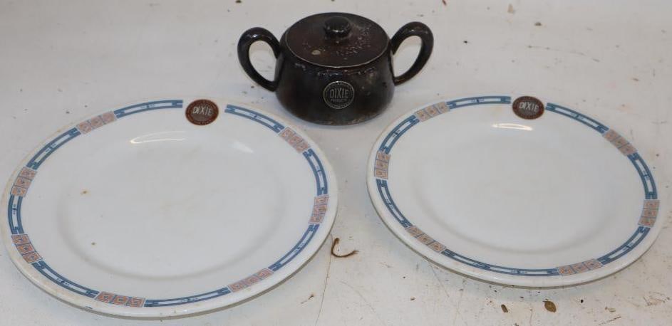 Group of 3 Humble Oil Dixie Products Plates and 9oz Nickel Silver Sugar Jar: Largest is 8.75x8.75 Plates Marked Lamberlon China