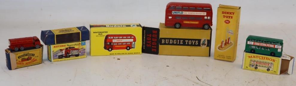 Group of 7 Matchbox, Budgie, & Dinky - Esso Related Trucks & Gas Pumps in Original Boxes: Largest is 5" x 3" x 2"