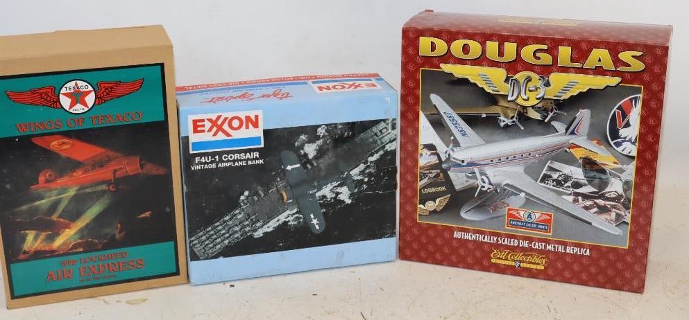 Group of 3 Exxon Texaco and Douglas Die-Cast Toy Airplanes in Original Boxes: 13x13x4.5 is The Largest