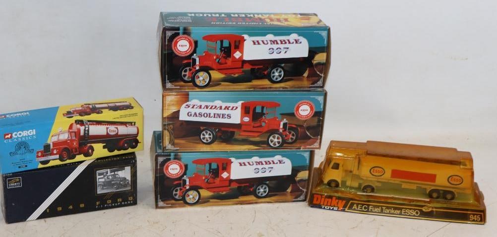 Group of 6 Esso and Exxon Tanker Toy Trucks In Original Boxes: Largest is 12x4x4