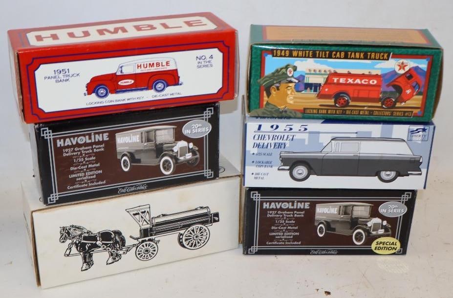 Group of 6 Texaco and Humble Gas Station Toy Trucks In Original Boxes: Largest is 9.75x3x4