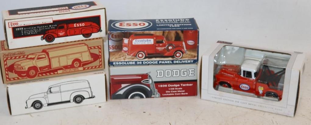 Group of 6 Esso Advertising Toy Trucks In Original Boxes: Largest is 9x3.5x3.5