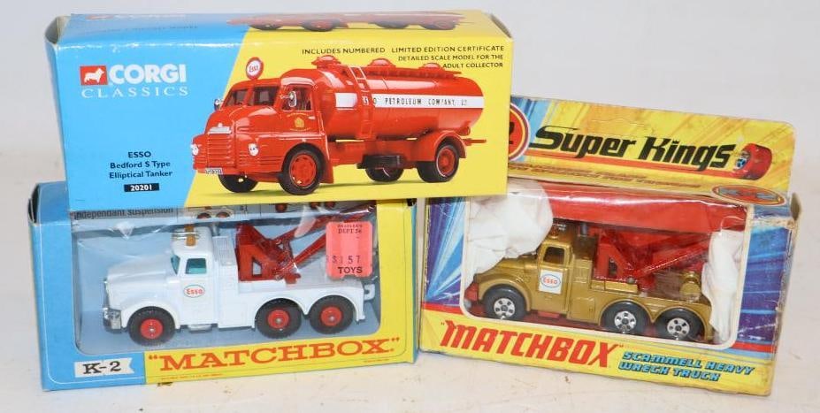 Group of 3 Matchbox, K2, & Corgi Esso Trucks in Original Boxes: Largest is 7" x 2.5" x 2.25"