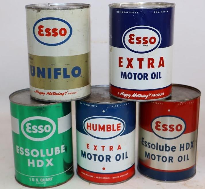 Group of 5 Esso and Humble 1 Quart Metal Oil Cans (1 of 2)