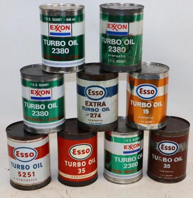 Group of 7 Esso and Exxon Turbo 1 Quart Metal Oil Cans: 32oz
