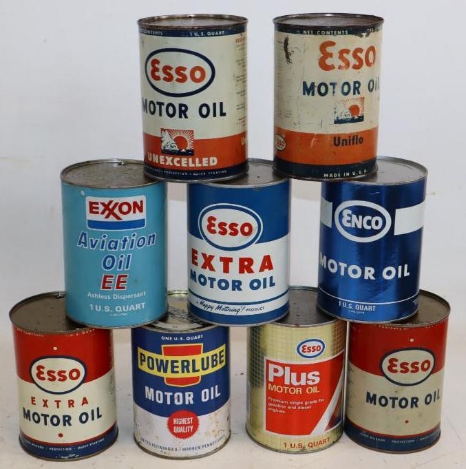 Group of 9 Esso, Enco And Exxon Metal and Composite 1 Qt Oil Cans: 32oz Each All are Empty