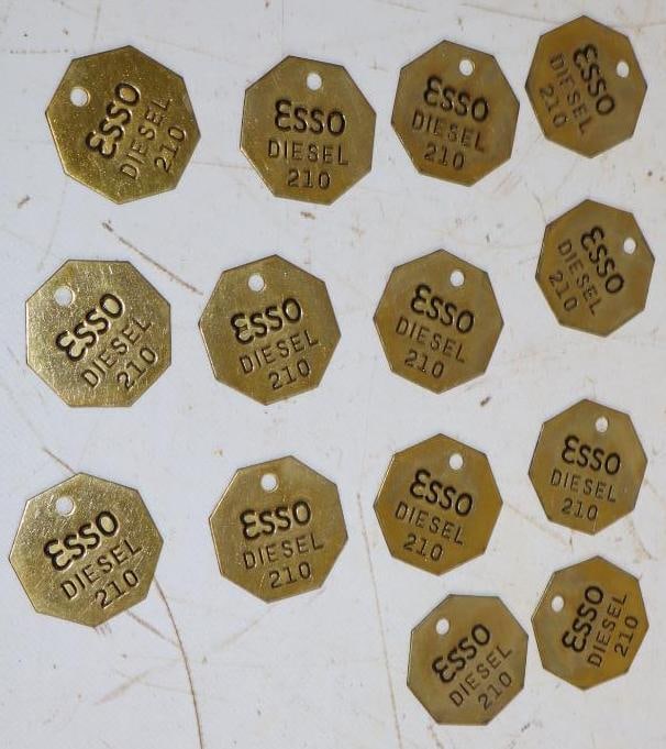 Group of 14 Esso Diesel Brass Fuel Tags: 1.5x1.5 Each