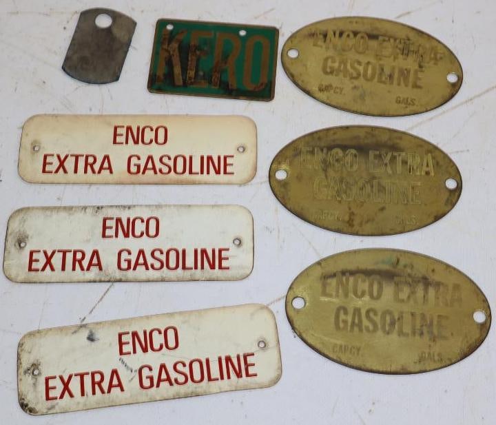 Group of 8 Enco and Kero Brass and Plastic Fuel Tags: Largest is 5x1.75