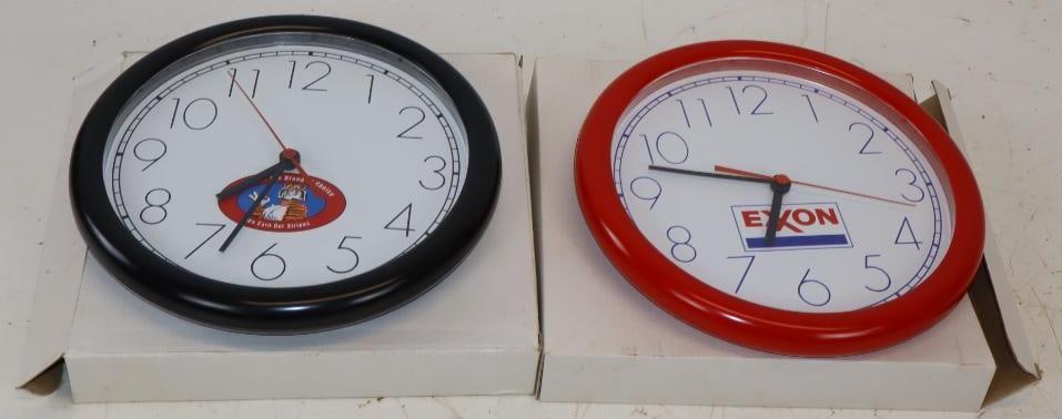 Group of 2 Exxon Wall Clocks in Original Boxes: 10" x 10" each, battery operated and untested