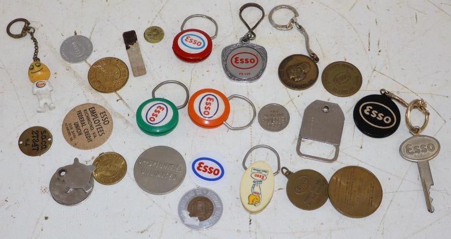 Group of 24 Esso Advertising Keychains & Tokens: Largest is 2" x 1"