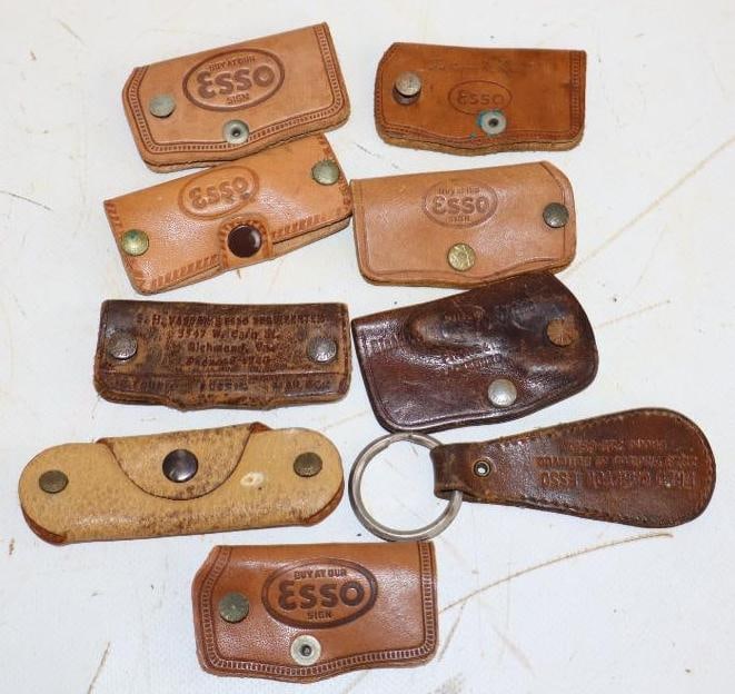 Group of 9 Leather Esso Key Holders & Keychains: Largest is 3.5" x 1.25"