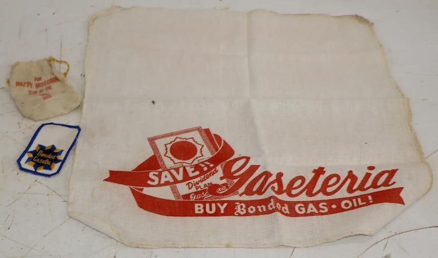 Group of 3 Bonded Gaseteria Wartime Kitchen Towel, Coat Patch, & Esso Marble Bag: Largest is 18" x 17"
