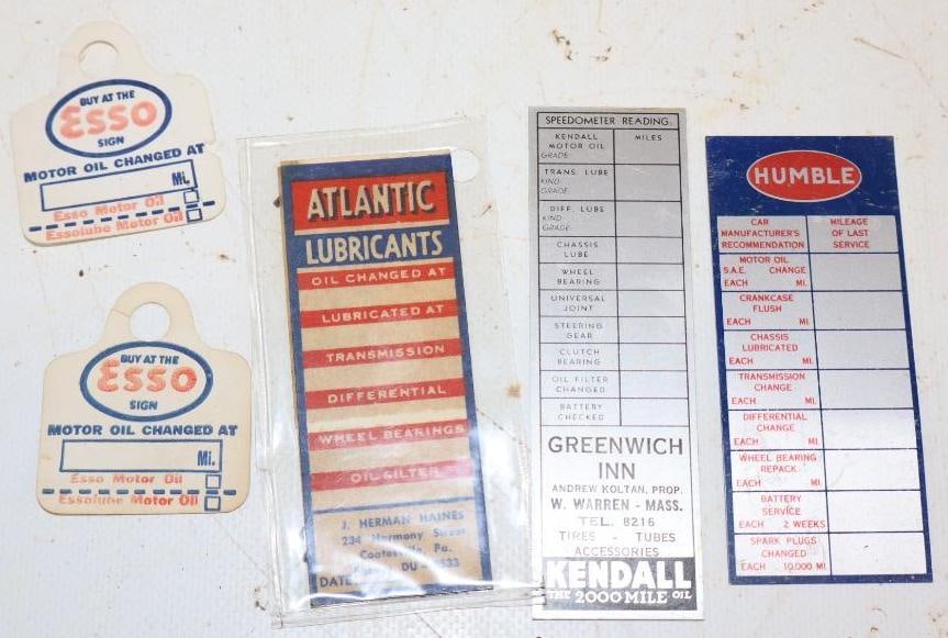 Group of 5 Esso, Kendall, Humble, & Atlantic Unused Oil Change Reminder Tags: Largest is 4" x 1.25"