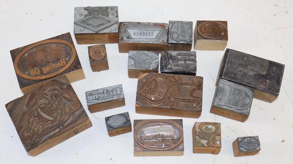 Group of 17 Esso, Humble, Kendall, Diamond, & Richfield Stamps Mounted on Wood: Largest is 1.5" x 2"