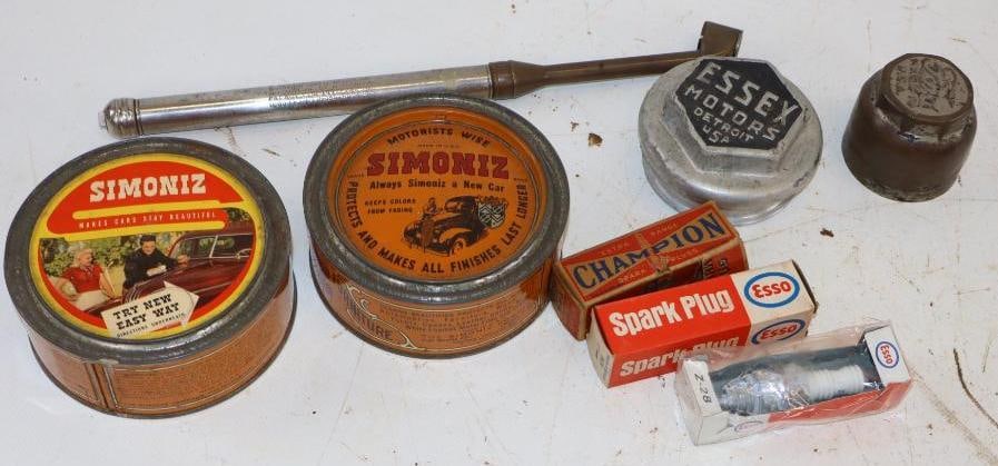 Group of 8 Ford & Essex Hubcaps, Simoniz Wax, Esso & Atlas Spark Plugs: Largest is 4" x 4" x 2"