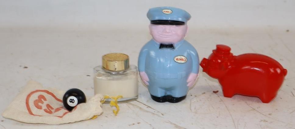 Group of 4 Humble & Esso Coin Banks, Sun Tan Cream, & Marble: Largest is 3" x 2.25" x 5"