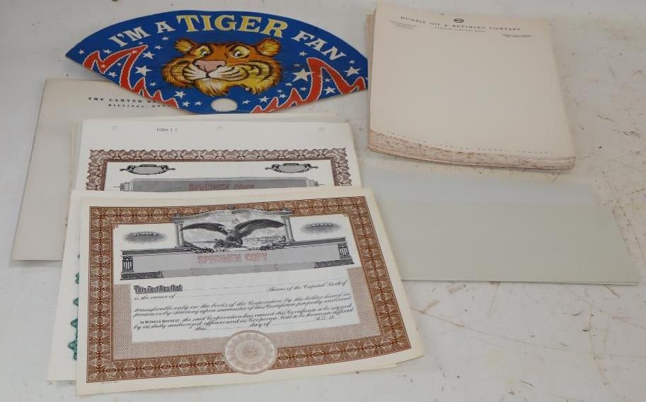Large Group of Esso Tiger Hand Fan, Blank Letterheads & Pocono Blank Stock Certificates (1 of 10)