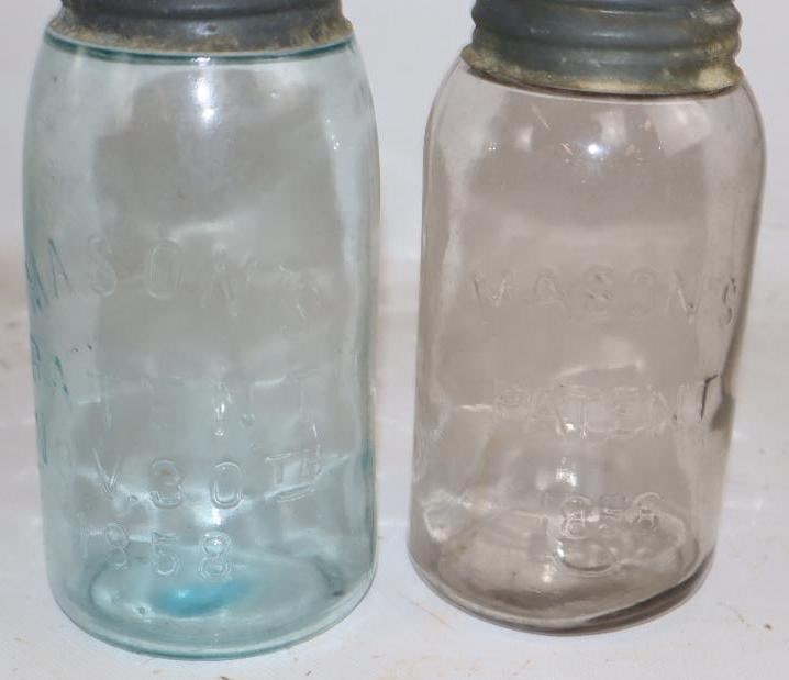 Group of 2 Aqua Blue and Clear November 30th 1858 1 Qt Mason Fruit Jars With Lid (1 of 5)
