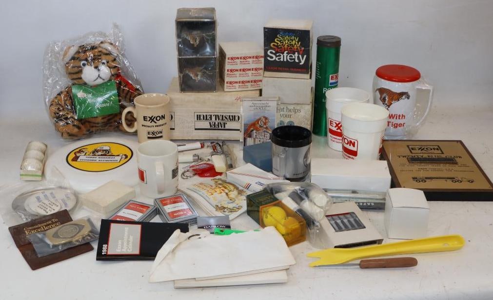 Large Group of Esso & Exxon Gas Station Products & Giveaways: Largest is 9" x 9" x 1"