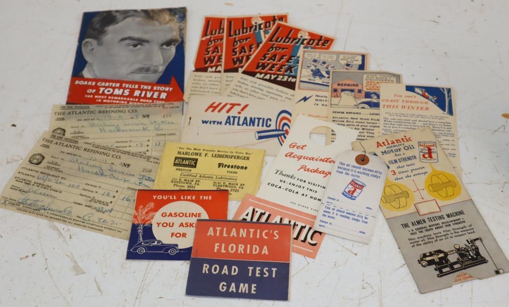 Group of 16 Atlantic Brochures, Receipts & Road Test Game: Largest is 7.5" x 5.5"