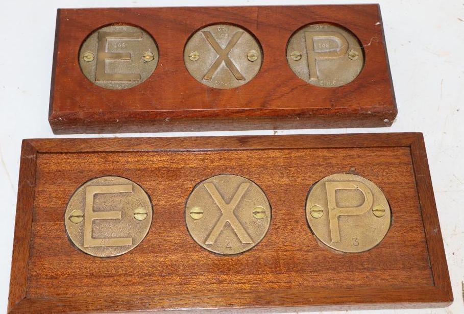 Group of 2 Brass Embossed Exp. Fill Box I.D. Caps Mounted on Wood (1 of 2)