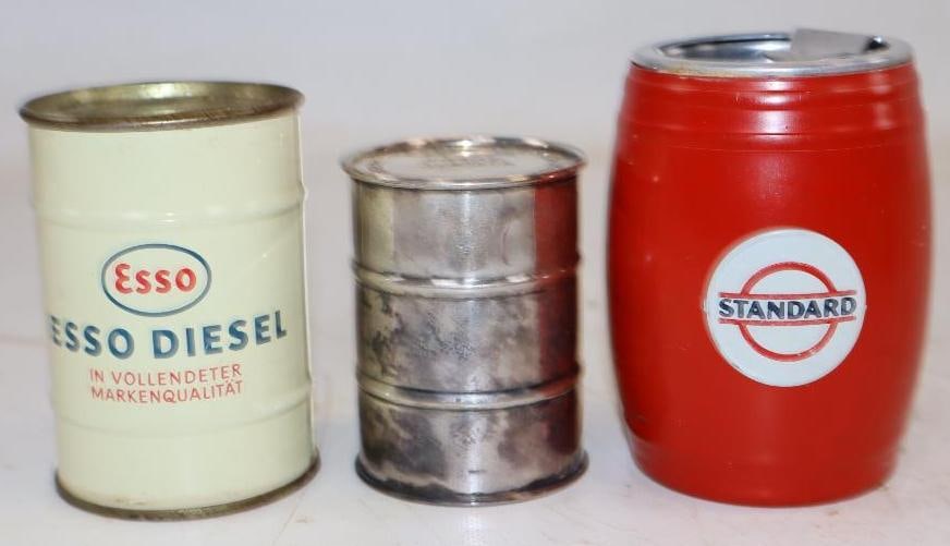 Group of 3 Esso And Standard Barrell Shaped Banks And Ash Tray: Largest is 2.5x2.5x3.5