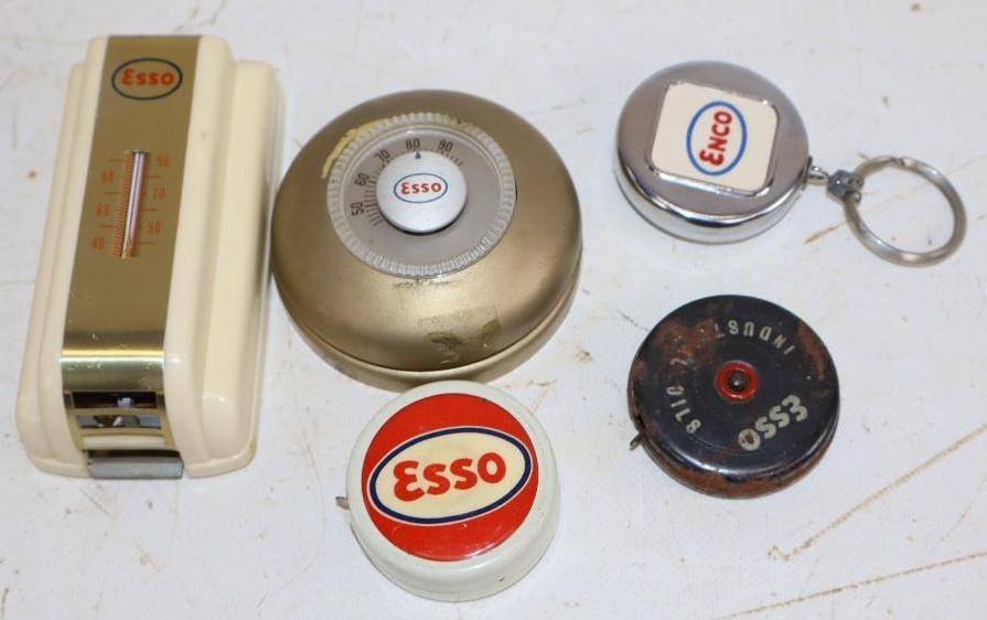 Group of 5 Esso Advertising Thermostat, Tape Measure and Key Holder: 4.5x2.25x1.5 Is The Largest