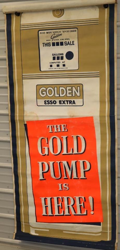 Golden Esso Extra 'The Gold Pump is Here' Canvas Advertising Banner: 36" x 80"